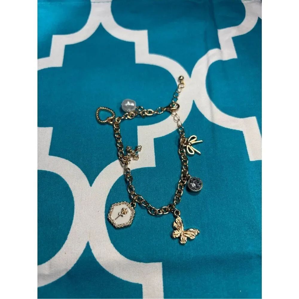 New Gold Butterfly Charm Chain Bracelet - White Accent